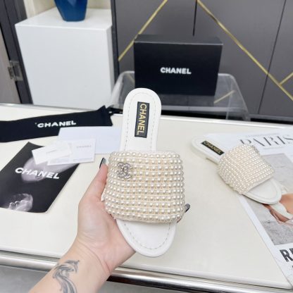 Chanel Spring/Summer White Dance Shoes Collection Sewn Pearl Vintage Slippers - Image 3