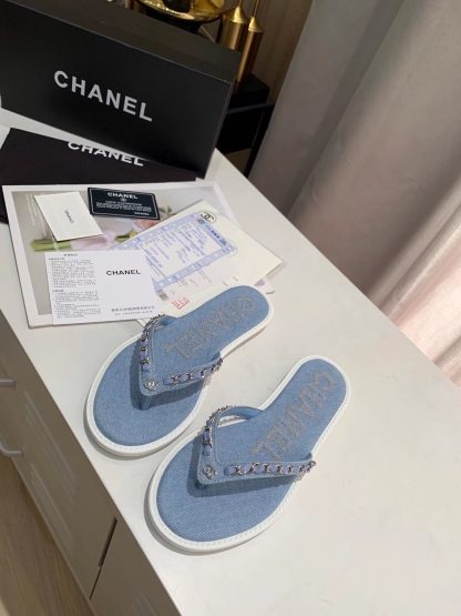 Chanel Spring New Denim Blue Chain Flip Flops - Image 3