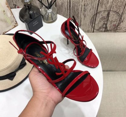 YSL Bright Red Logo Letter Metal Buckle Decorative High Heel Sandals - Image 4