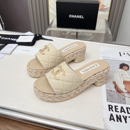 Chanel denim apricot spring and summer dancing shoes series slimming sandals with a heel height of 6.5cm - Image 4