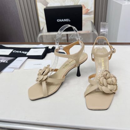 Chanel Spring and Summer Apricot Dance Shoes Series Custom Flower Stiletto Sandals Heel Height 7.5cm - Image 4