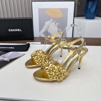 Chanel Spring and Summer Dance Shoes Series New Gold Stiletto Custom Flower Sandals Heel Height 8.5cm - Image 4
