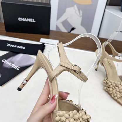 Chanel Spring and Summer Dance Shoes Series New Apricot Stiletto Custom Flower Sandals Heel Height 8.5cm - Image 4