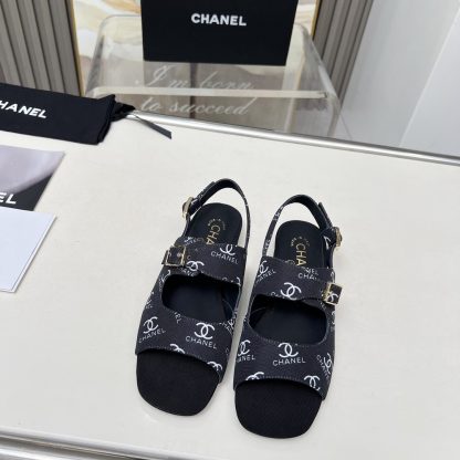 Chanel Spring and Summer Dance Shoes Series New Black Chunky Heel White Printed Sandals Heel Height 2cm - Image 4