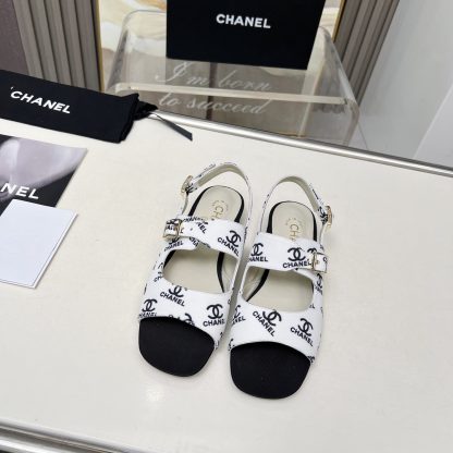 Chanel Spring and Summer Dance Shoes Series New White Chunky Heel Black Print Sandals Heel Height 2cm - Image 4
