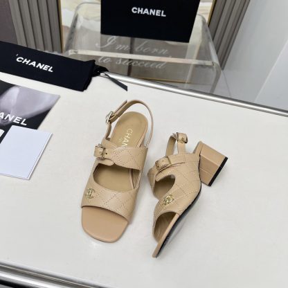 Chanel Spring and Summer Dance Shoes Series New Apricot Chunky Heel Sandals Heel Height 5cm - Image 4