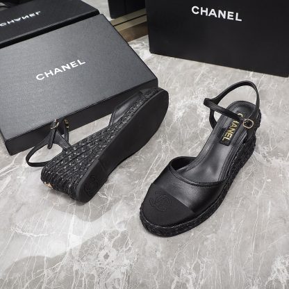 Chanel black hemp rope outsole wedge heel fashionable sandals heel height 7cm - Image 4