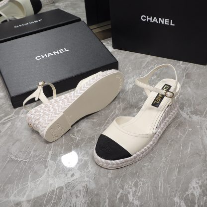 Chanel beige contrast color hemp rope wedge heel fashionable sandals heel height 7cm - Image 4