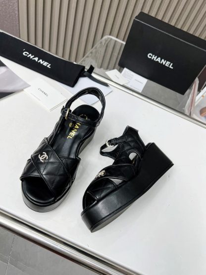 Chanel black platform wedge heel thick-soled summer sandals - Image 3