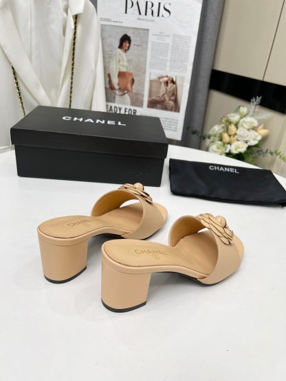 Chanel Apricot Custom Printed Fabric Lambskin Sandals - Image 4