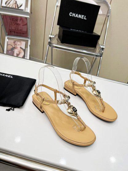 Chanel Pearl Heart Elegant Apricot Sandals Heel Height 3cm - Image 3