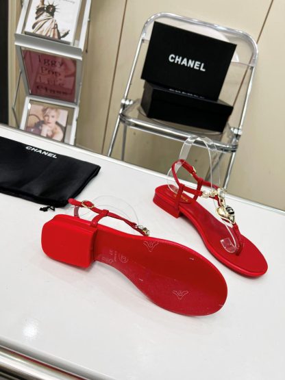 Chanel Pearl Heart Elegant Red Sandals Heel Height 3cm - Image 3