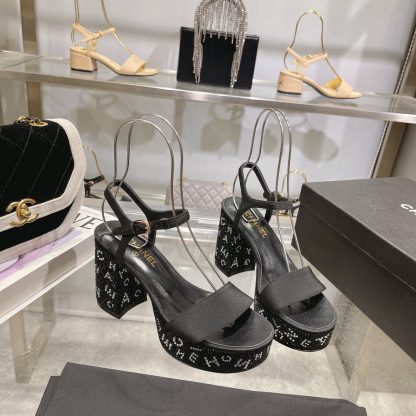 Chanel Early Spring Black Small Round Toe Color Brick Slim Sandals Heel Height 9cm - Image 4