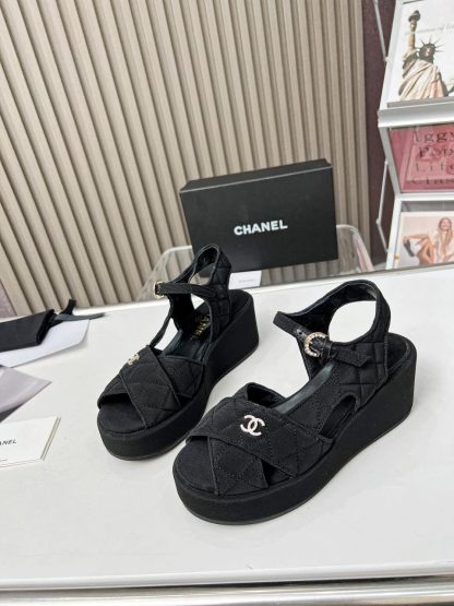 Chanel Black Matte Platform Wedge Heel Thick-soled Summer Sandals - Image 2