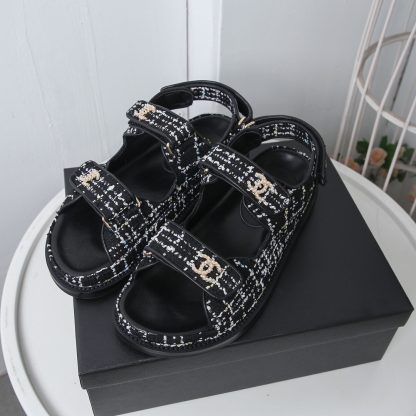 Chanel Temperament Denim Black and White Mixed Color Sandals - Image 4