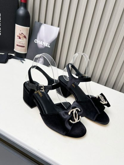 Chanel black velvet material spring and summer celebrity temperament super durable thick heel sandals - Image 3