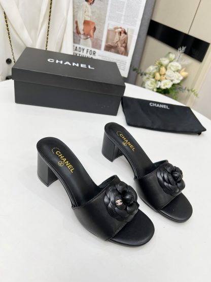 Chanel New Camellia Black Fabric Lambskin Sandals - Image 4