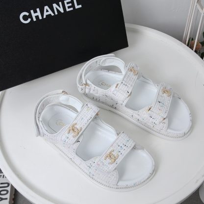 Chanel White Check Design Classic Velcro Sandals - Image 4