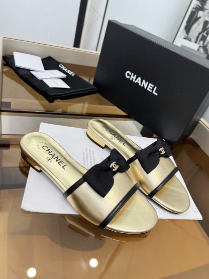 Chanel Spring and Summer Gold with Cute Bow Flat Sandals - Image 3