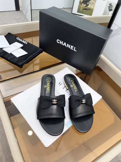 Chanel Spring and Summer Black with Cute Bow Flat Sandals - Image 3