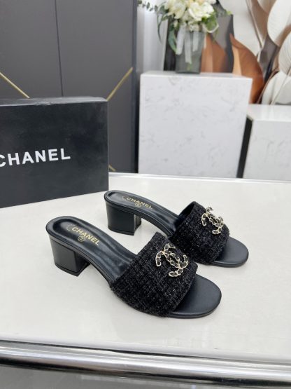 Chanel 2025 new black fabric sheepskin thick heel sandals - Image 4