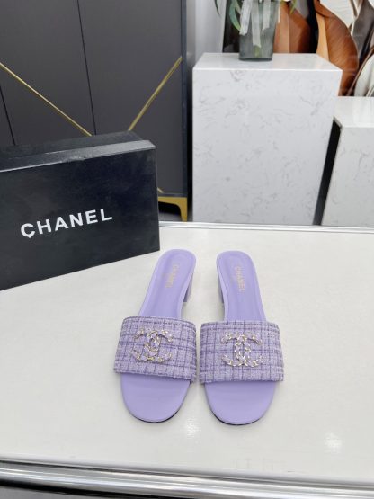 Chanel 2025 new purple fabric sheepskin thick heel sandals - Image 4