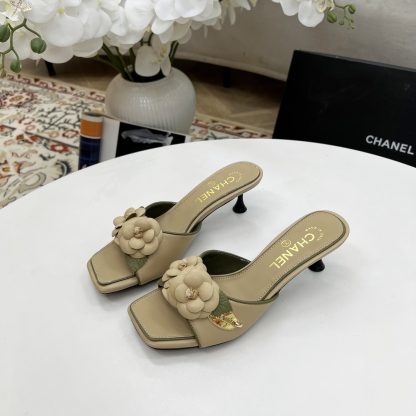Chanel Spring and Summer Dancing Shoes Series Apricot Small Square Toe Camellia Stiletto Fashion Sandals - Image 4