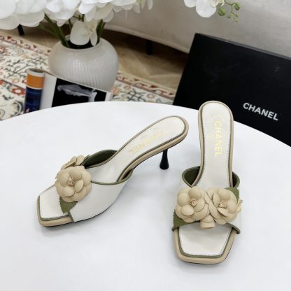 Chanel Spring and Summer Dancing Shoes Series White Small Square Head Camellia Stiletto Fashion Sandals - Image 4