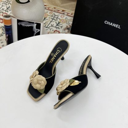 Chanel Spring and Summer Dancing Shoes Series Black Small Square Toe Camellia Stiletto Fashion Sandals - Image 4