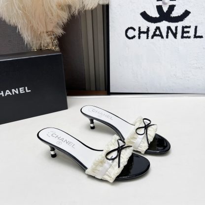 Chanel Spring and Summer Dance Shoes Series New Products White Slimming Bow Stiletto Sandals - Image 4