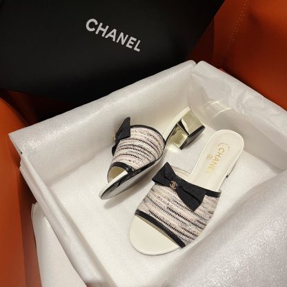 Chanel beige new bow thick heel sandals heel height 4.5cm - Image 4