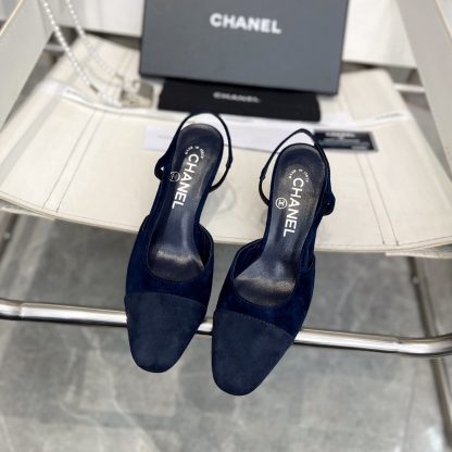 Chanel thick heel square toe color matching dark blue all-match high heel sandals - Image 4