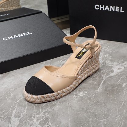 Chanel apricot hemp rope contrast color outsole wedge heel fashionable sandals heel height 7cm - Image 4