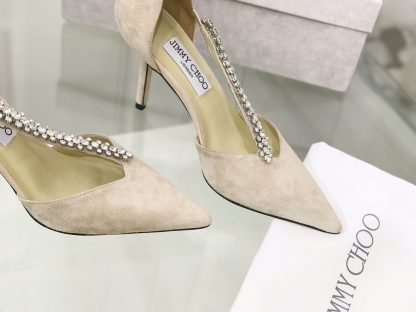 Jimmy Choo black suede high heels with diamond chain decoration - Image 4