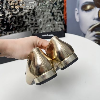 Chanel Early Spring Dance Shoes Series Small Round Toe Slim Gold Loafers - Image 4