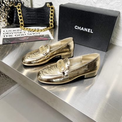 Chanel Early Spring Dance Shoes Series Small Round Head Gold Loafers Heel Height 3cm - Image 3