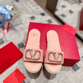 VALENTINO exquisite lychee pattern large V buckle fashion slippers