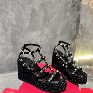 VALENTINO Studded hemp rope wedge sandals