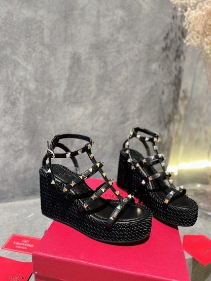 VALENTINO Studded hemp rope wedge sandals