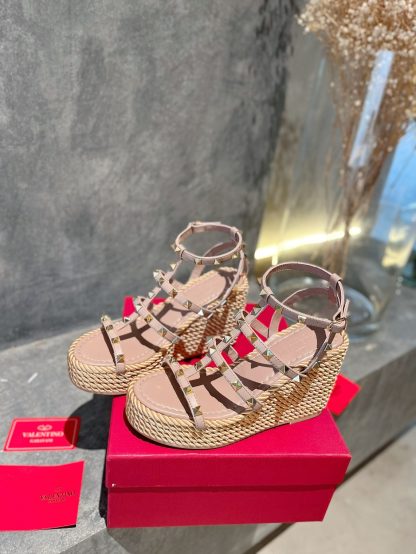 VALENTINO Studded hemp rope wedge sandals