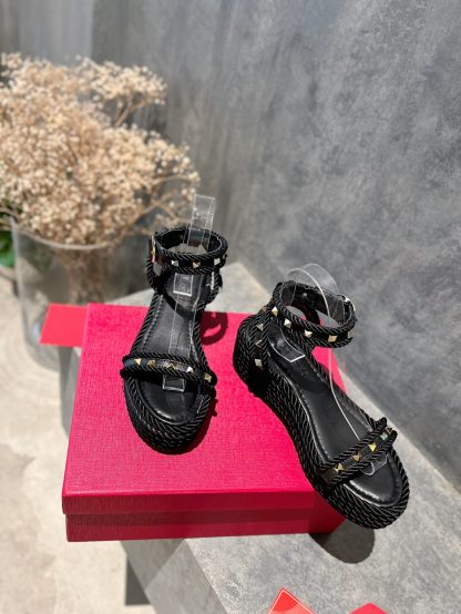 VALENTINO Studded Rope Woven Wedge Sandals - Image 4