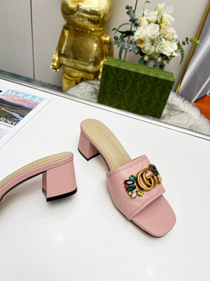Gucci spring and summer new GG rhinestone buckle round toe thick heel slippers - Image 4