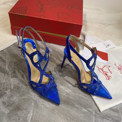 Christian Louboutin Crystal Studded Fine High Heels with Mesh Pointed Toe - Image 4