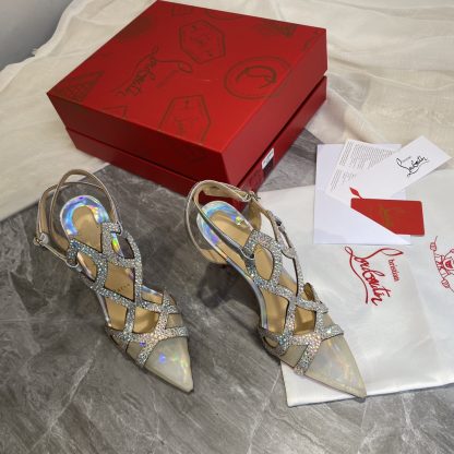 Christian Louboutin Crystal Studded Fine High Heels with Mesh Pointed Toe - Image 4