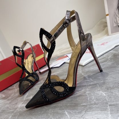 Christian Louboutin Crystal Studded Fine High Heels with Mesh Pointed Toe - Image 4