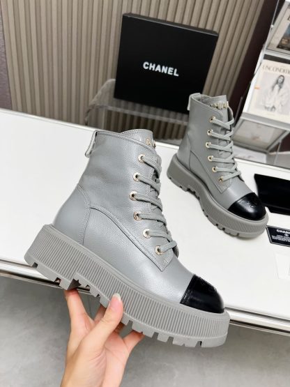 Chanel grey lace-up design non-slip wear-resistant leather boots - Image 4
