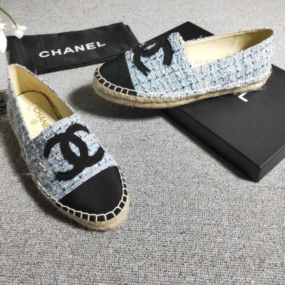 Chanel Blue Gold Bar Hemp Texture Loafers - Image 3