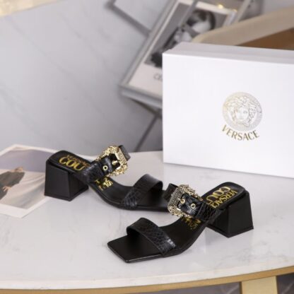 VERSACE Fashion Square Toe Chunky Heel Sandals High Heels - Image 4