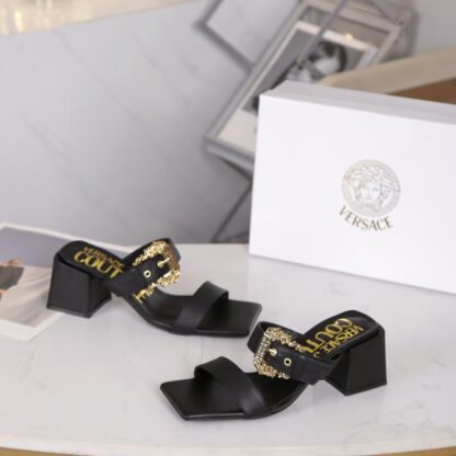 VERSACE Fashion Square Toe Chunky Heel Sandals High Heels - Image 4