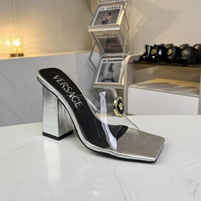 VERSACE new square toe chunky heel sandals high heels - Image 4